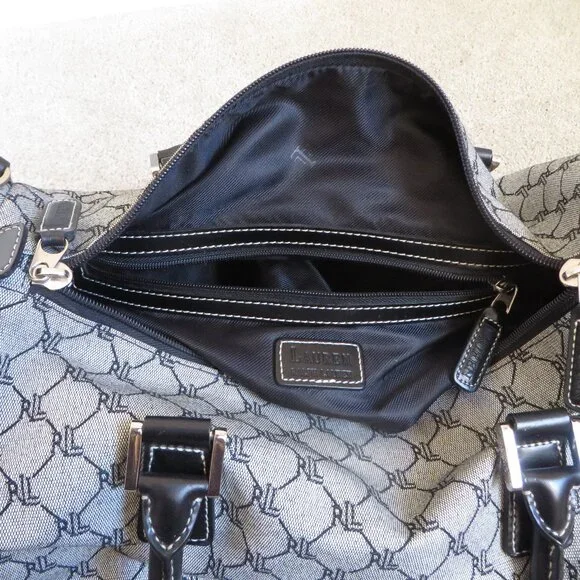 Vintage Ralph Lauren Signature Gray & Black Leather Trim Duffle Carry On Bag - Picture 6 of 9